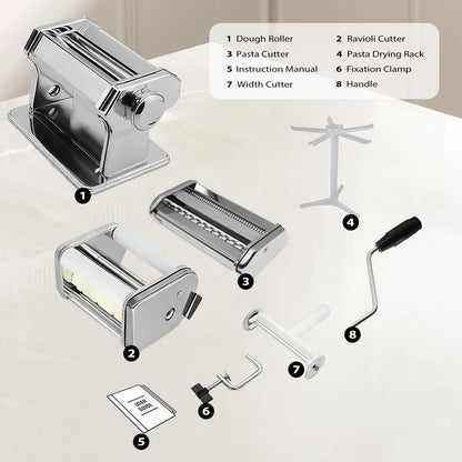 MZTOGR Pasta Maker Machine with 9 Adjustable Thickness Settings, 2 in 1 Noodle Maker Includes Pasta Cutter, Ravioli Maker Attachment & Pasta Drying Rack