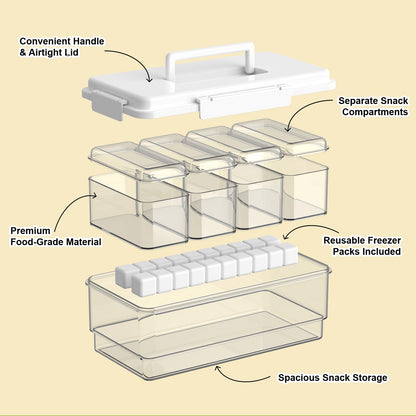 Palksky Snackle Box Container with Ice Pack, Travel Snack Container with Handle, Chilled Portable Divided Serving Tray with Lid, 4 Compartment Snack Box for Fruits,Veggies,Snacks,Keep Food Cold