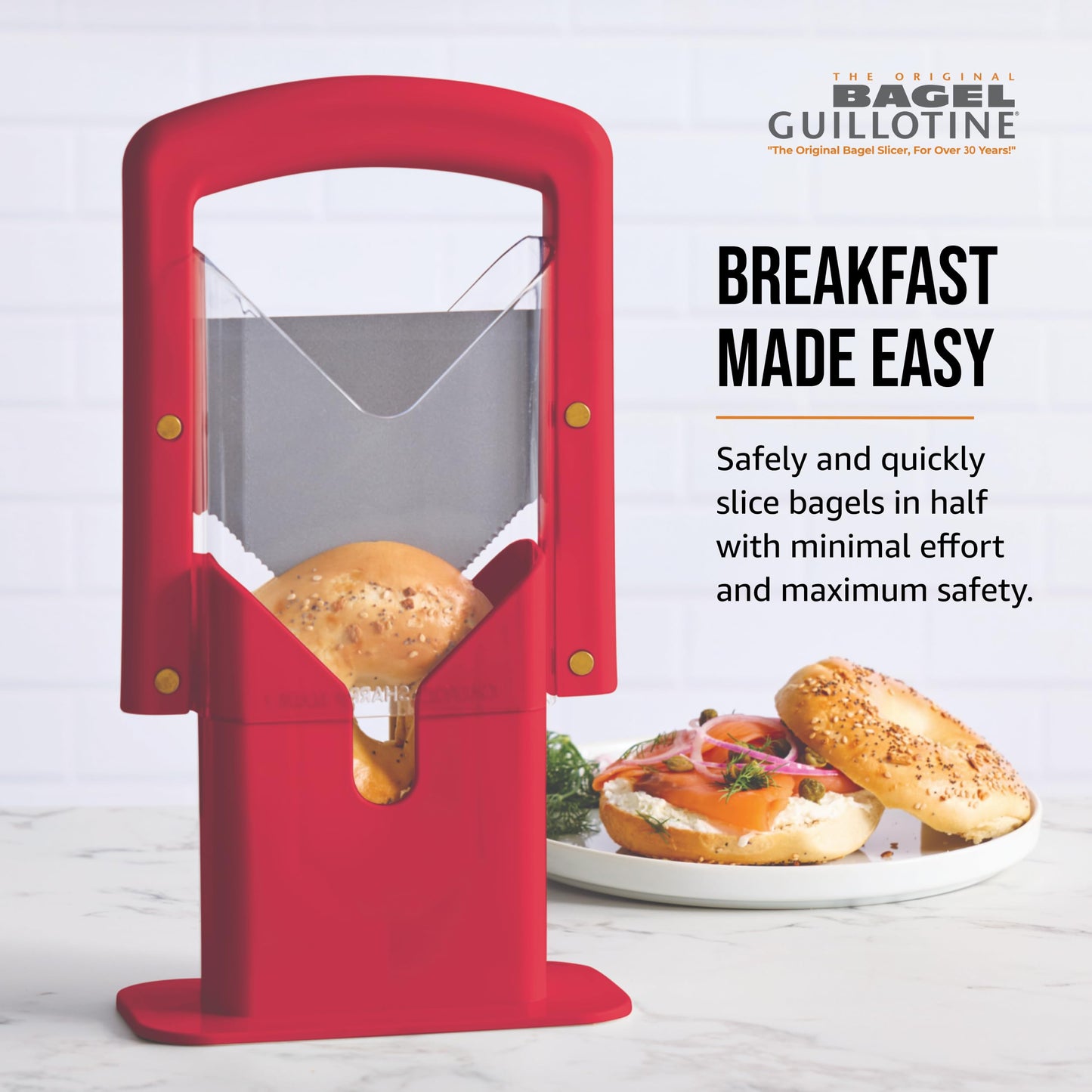 Hoan Bagel Biter Slicer and Cutter with Safety Shield - Serrated Blade Cuts Bagels, Muffins, Buns and Rolls - Dishwasher Safe Bagel Guillotine, 9.25 Inches Tall, Red