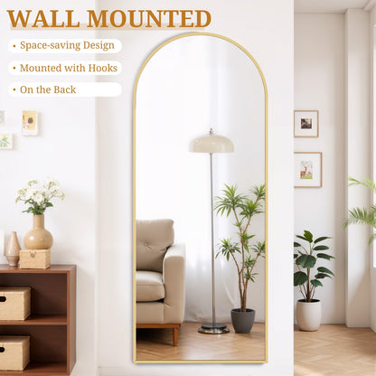 Full Length Mirror 71"x26" Full Body Mirror Arched Free Standing Wall Mounted Leaning Floor Mirrors with Stand Aluminum Alloy Frame for Bedroom Cloakroom, Gold