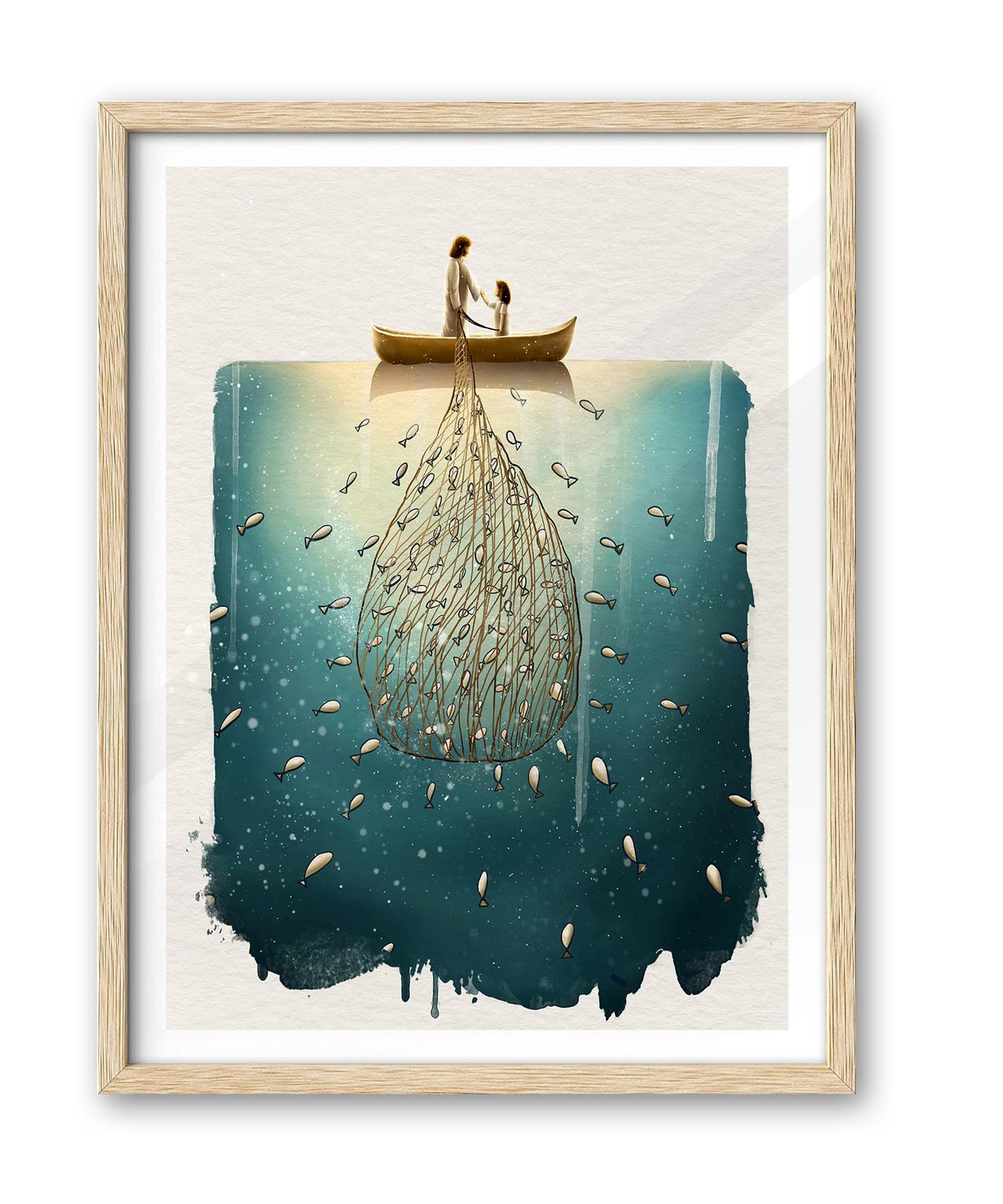 iHery Natural OAK Wood Jesus and Peter Walk on Water Framed Wall Art, 12x16 in Modern Sketch Bible Verses Canvas Art Decor, Beige Logs Boho Scripture 1Pack for Living Room Bedroom