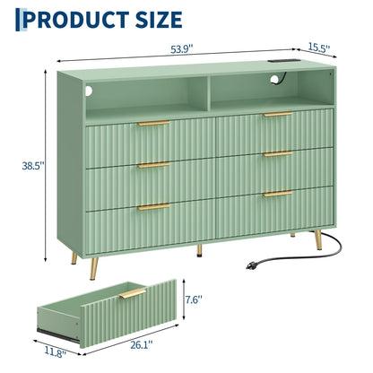 6 Drawers Dresser for Bedroom, 53.9" Wide Dressers with LED Lights and Charging Station, Curved Profile Design, Fluted Wood Drawers with Gold Handle, Modern Chest of Dressers for Living Room, Green