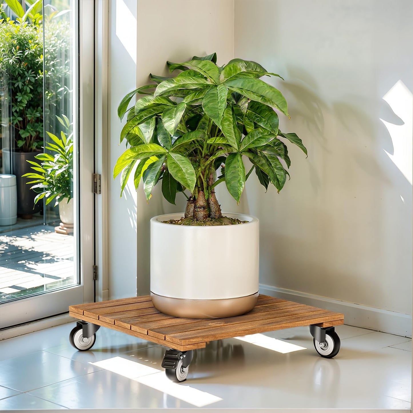 2-Pack 12 Inch 360 264 lbs Idzo Acacia Wood Rolling Square Plant Caddy for Plant Pots, Heavy Duty Plant Stand