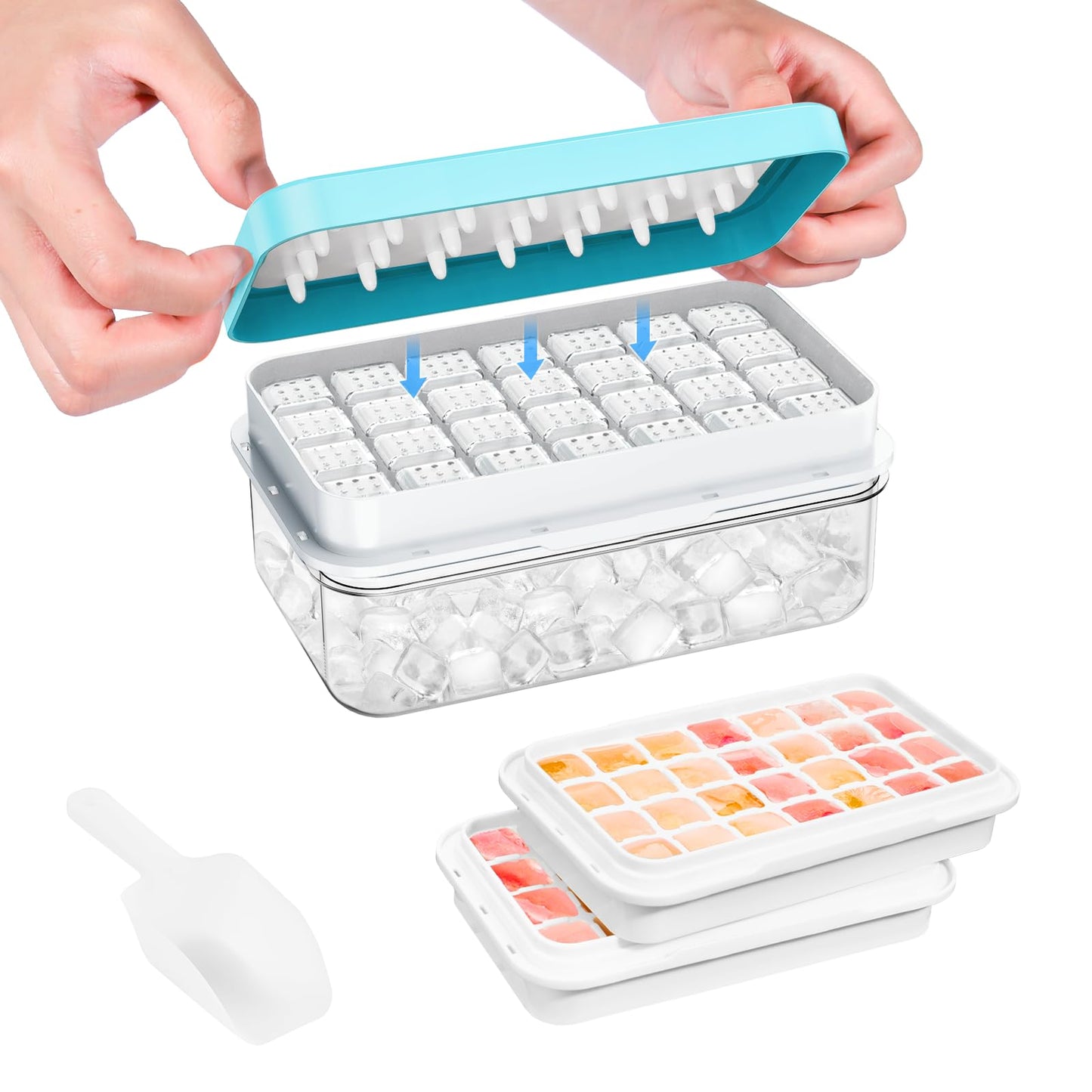 Ice Cube Tray with Lid and Bin, PHINOX 56 pcs Ice Trays for Freezer, Ice Cube Trays for Freezer with 2 trays, Container, Lid & Ice Scoop, BPA Free