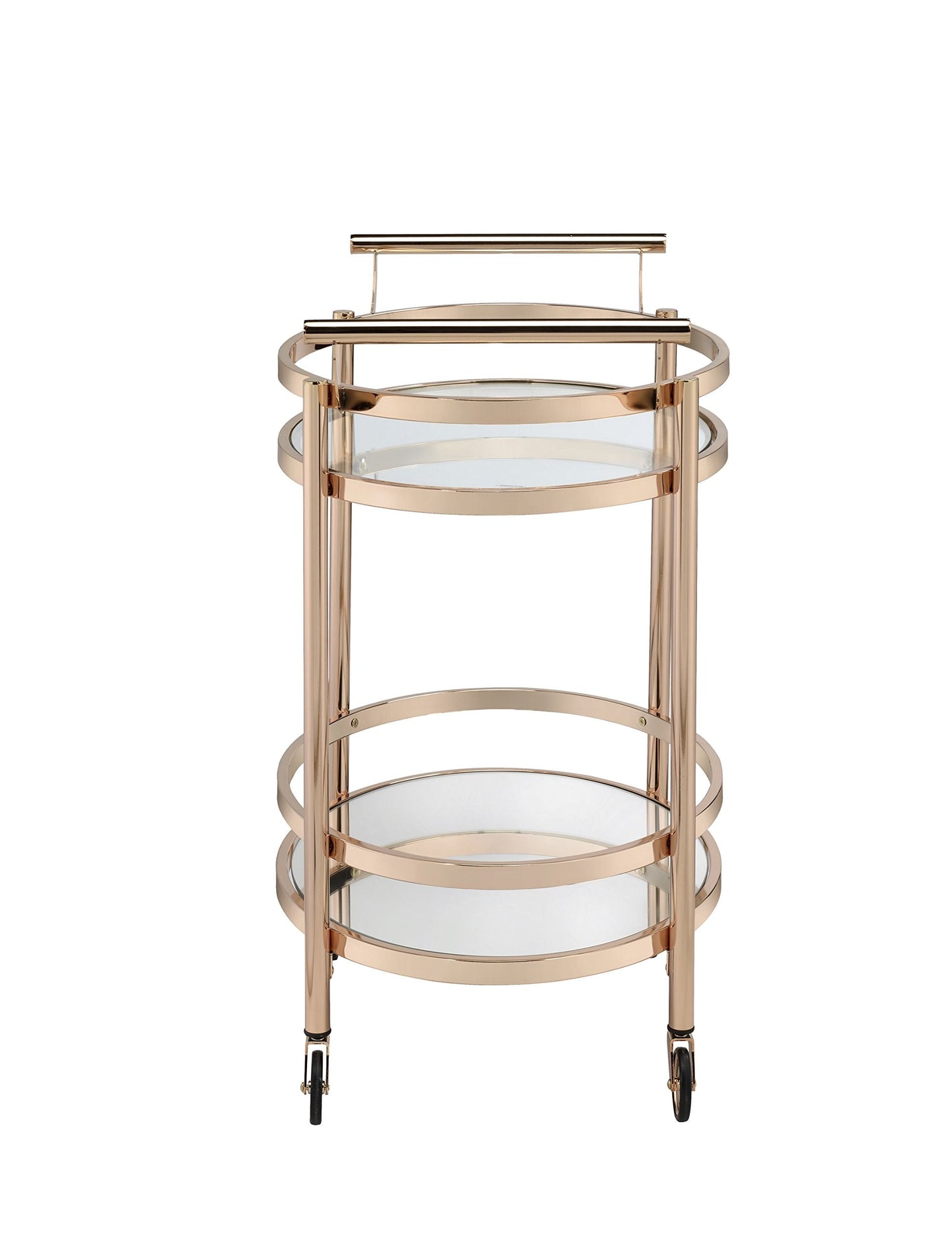 CNPOP Modern Clear Glass & Rose Gold Bar Cart with Wheels, Oval Serving Cart with 2-Tier Shelves & Metal Frame, Mirrored Bottom Shelf, Rolling Drink Cart for Kitchen, Dining Room & Living Room