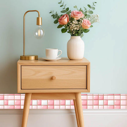 IVN Wallpaper Border Peel and Stick Decorative Wall Trim Self Adhesive Pink White Glossy Mosaic Pattern Accent Strip for Bathroom Laundry Room Pool Area Mirror Frame Shelf Wall Edge 4x196 Inch