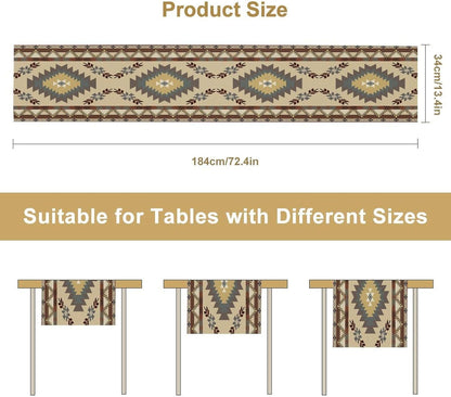 BATPLY Seamless 13x36in x1 Ethnic Aztec Linen Table Runner, Retro Boho Rustic Farmhouse Brown Red Native Tribal
