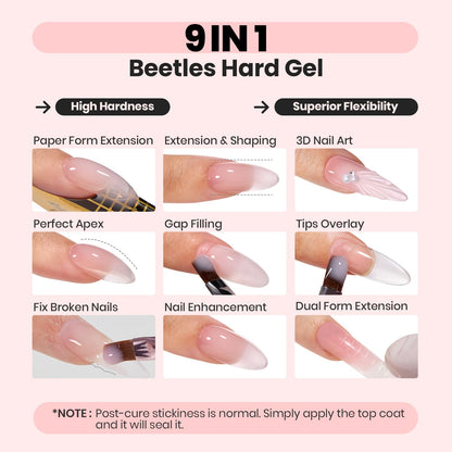 Beetles Hema Free Hard Gel for Nails,2.12 oz 9 in 1 Hard Gel for Nail Extension & Strengthening Broken Nail Repair with Flat Brush 100 Pcs Nail Forms UV LED Lamp Cured Salon Nail Technicians Women