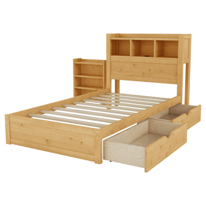 KEIKI Twin Size Wood Platform Bed Frame with Storage Headboard & Pull Out Storage Cabinet & 2 Drawers, Modern Bed with Solid Slats & Socket, No Box Spring Required, Easy Assembly, for Bedroom, Natural