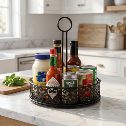 Lyellfe 2 Pack Condiment Caddy, Restaurant Table Caddy with Menu Number Card Holder, Metal Black Decorative Carved Tabletop Seasoning Organizer for Grill Outdoors, Kitchen Cabinet, Camping