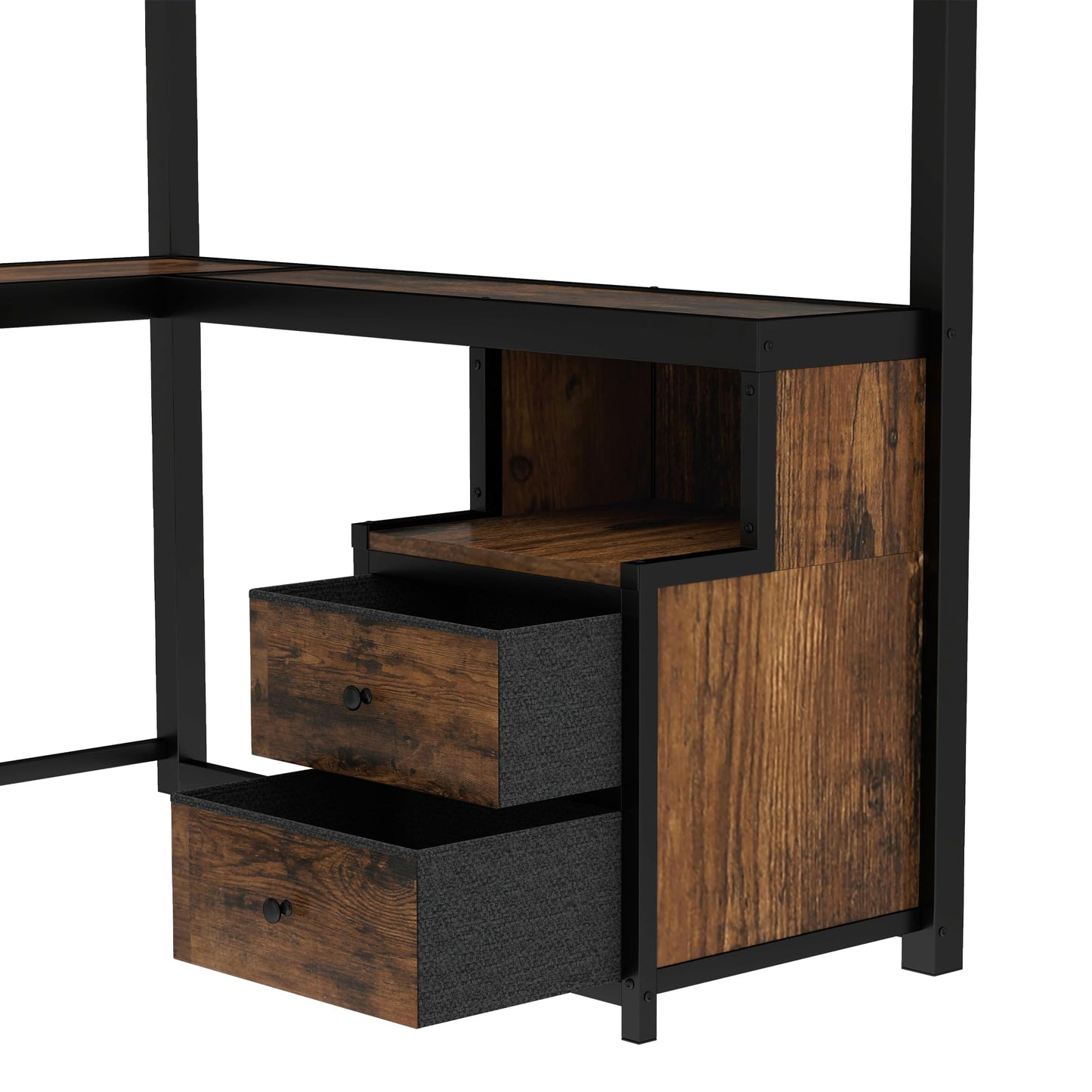 Bellemave Queen Size Loft Bed with Desk and Storage Drawers, Queen Loft Bed Frame with Computer Monitor Stand, Corner Shelf and Hanger Rod, Adults Loft Beds Frame, Black