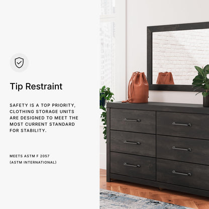 Signature Design by Ashley Delmorta Rustic 6-Drawer Dresser and Mirror with Anti-Tipping Restraint, Black