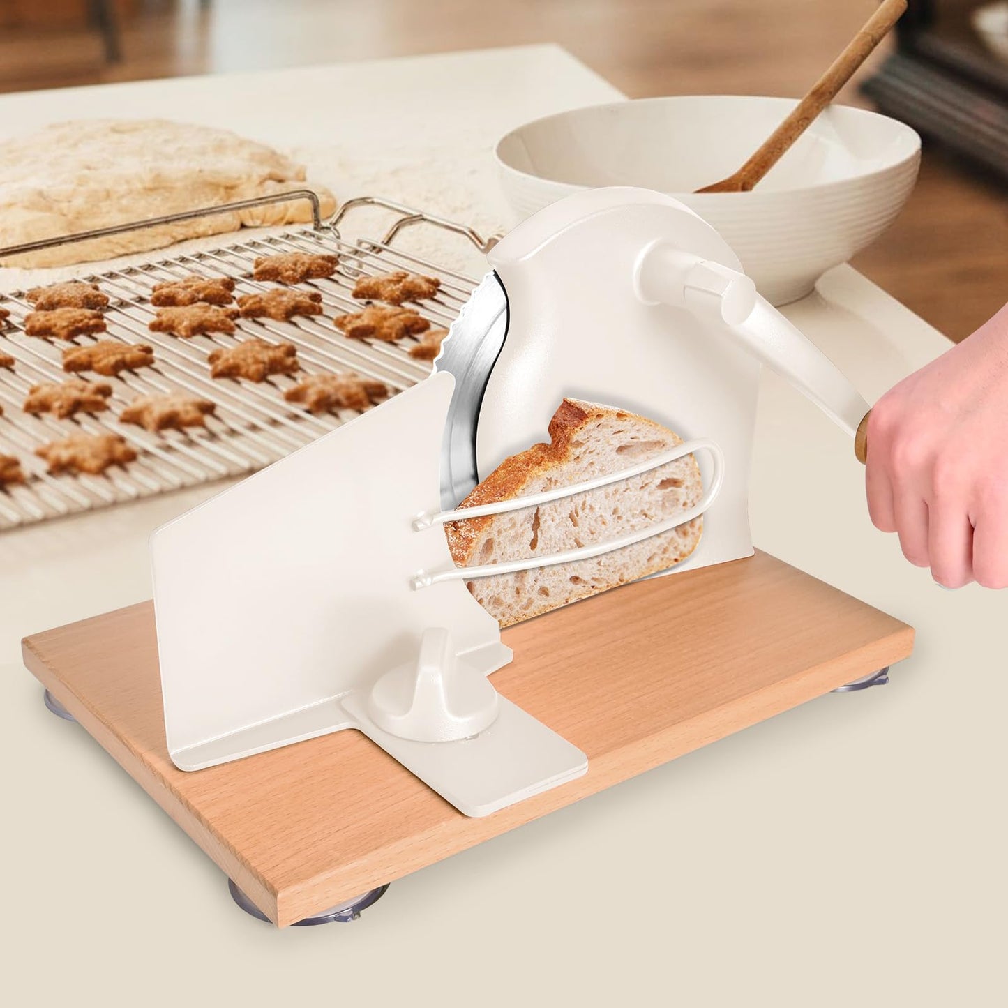 SOWKIPE Manual Bread Slicer with Hand Crank, Classic Home Bread Slicer for Homemade Sourdough, Rotary Slicer with Adjustable Thickness, Premium Stainless Steel & Powerful Suction Cups (White)