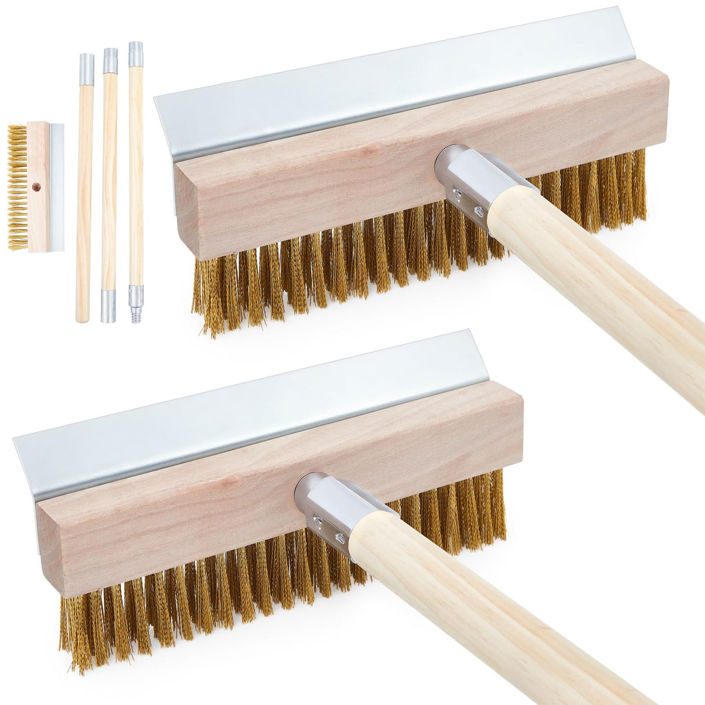 Reallnaive 2 Pack 63 Inch Wood Handle Pizza Oven Brush with Scraper Outdoor Pizza Oven Cleaning Brush Tool, Aluminum Threaded Tip, Brass Bristles with Steel Scraper