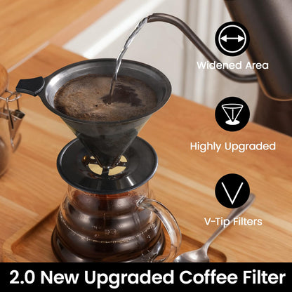 【2.0 Upgraded】 Stainless Steel Pour Over Coffee Maker, Reusable Paperless Drip Coffee Filter and Coffee Strainer for Single Cup Hand Brew, 1–6 Cup