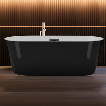 59 Inch Freestanding Bathtub, Acrylic, Deep Soaking Tub with Non-Slip Base, Modern Black Free Standing Tub for Bathrooms, cUPC Certified with Chrome Drain