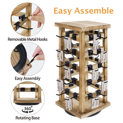 Ikee Design Wood Rotating Jewelry Display, Removable 42 Hooks Earring Display Stand, 5 Bars Earring Organizer Stand, Oak Color