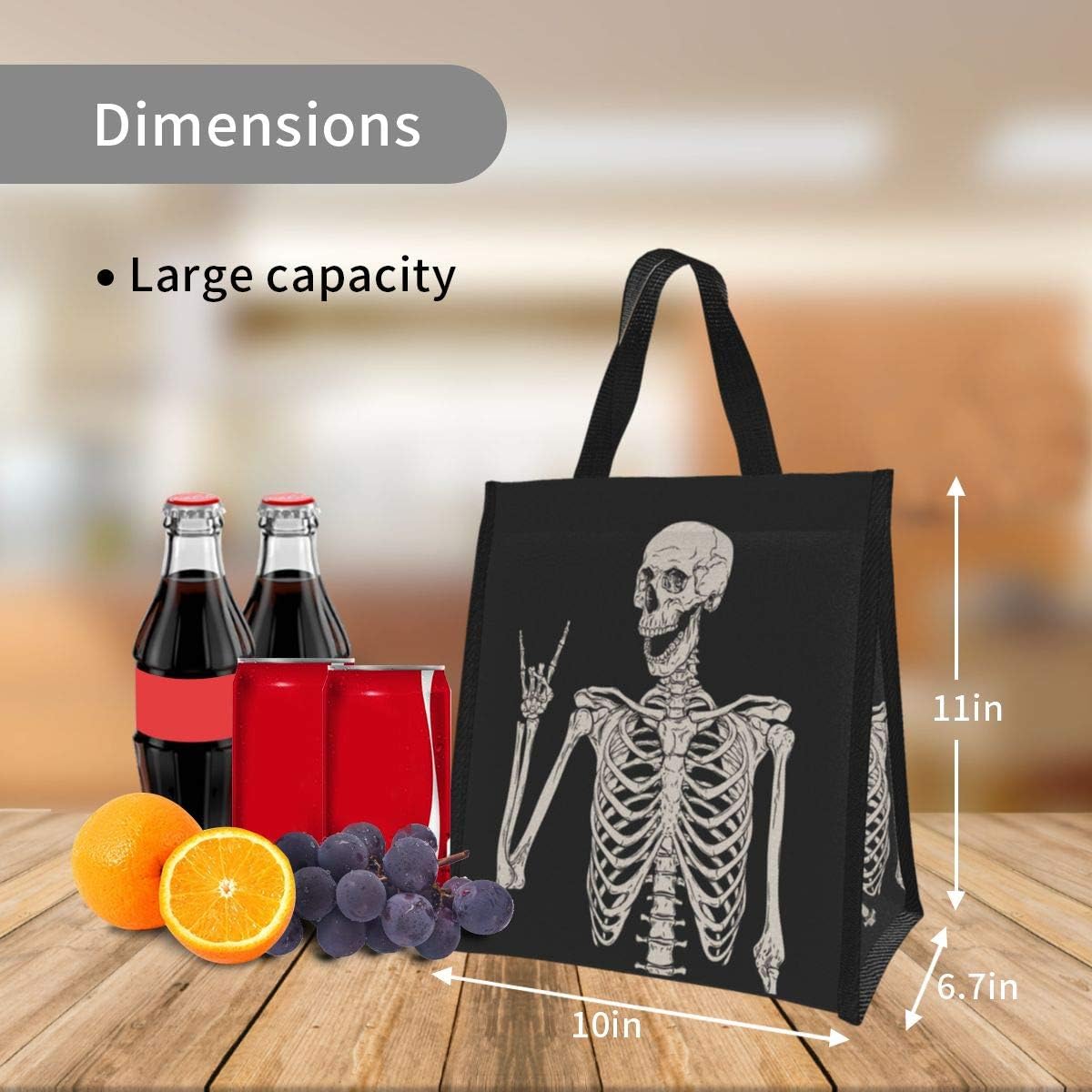 Ouqiuwa Cute Reusable Lunch Bag, Lunch Tote Handbag for Women Men, Rock and Roll Skeleton