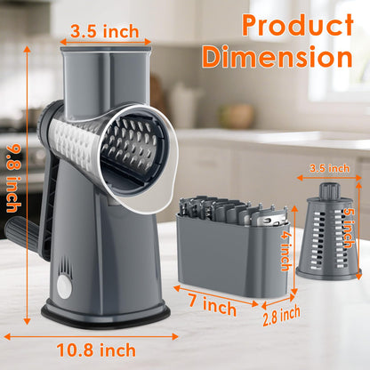 MealHelper 5 Blade Rotary Cheese Grater Hand Crank with Storage Box, Vegetable Chopper, Cheese Shredder for Cheeses, Veggies, Nuts - Easy to Use, Non-slip Suction Base, Gray