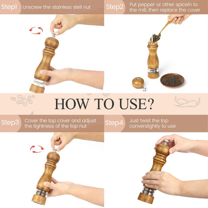 VONTIQUE 8inch salt and pepper grinder set manual salt pepper shakers wooden pepper mill refillable With adjustable ceramic grinding core Acrylic visualization window design 2-pieces