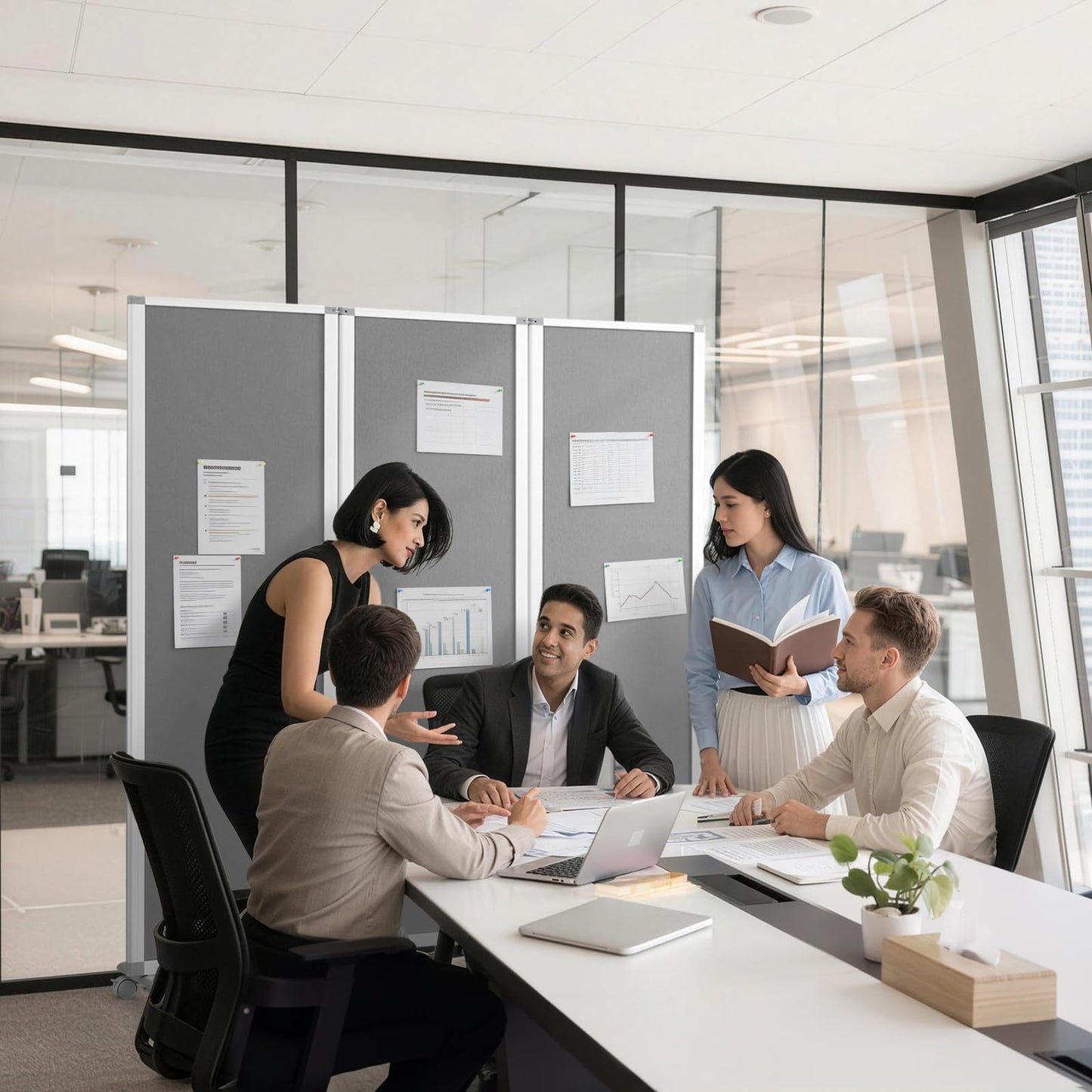 MAKELLO Portable Office Partitions 71" H x 71" W, Freestanding Office Dividers Partition Wall for Room, 3-Panel Trifold Privacy Panel, Aluminum Frame, Gray Felt