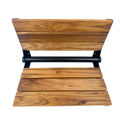 Teak Shower Seat Bench with Back - Wall Mounted Fold Up Shower Seat, Waterproof Folding Teak Bath Chair for Seniors, 304 Stainless Steel Frame, with 300 lbs Capacity - 24" Length, Matte Black
