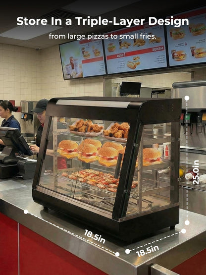 Commercial Food Warmer 26", 3-Tier Heated Display Case with Water Tray, 1200W Pizza Pastry Warmer, Adjustable Thermostat 86-185°F, LED Lighting, Removable Shelves for Buffet, Bakery, Catering