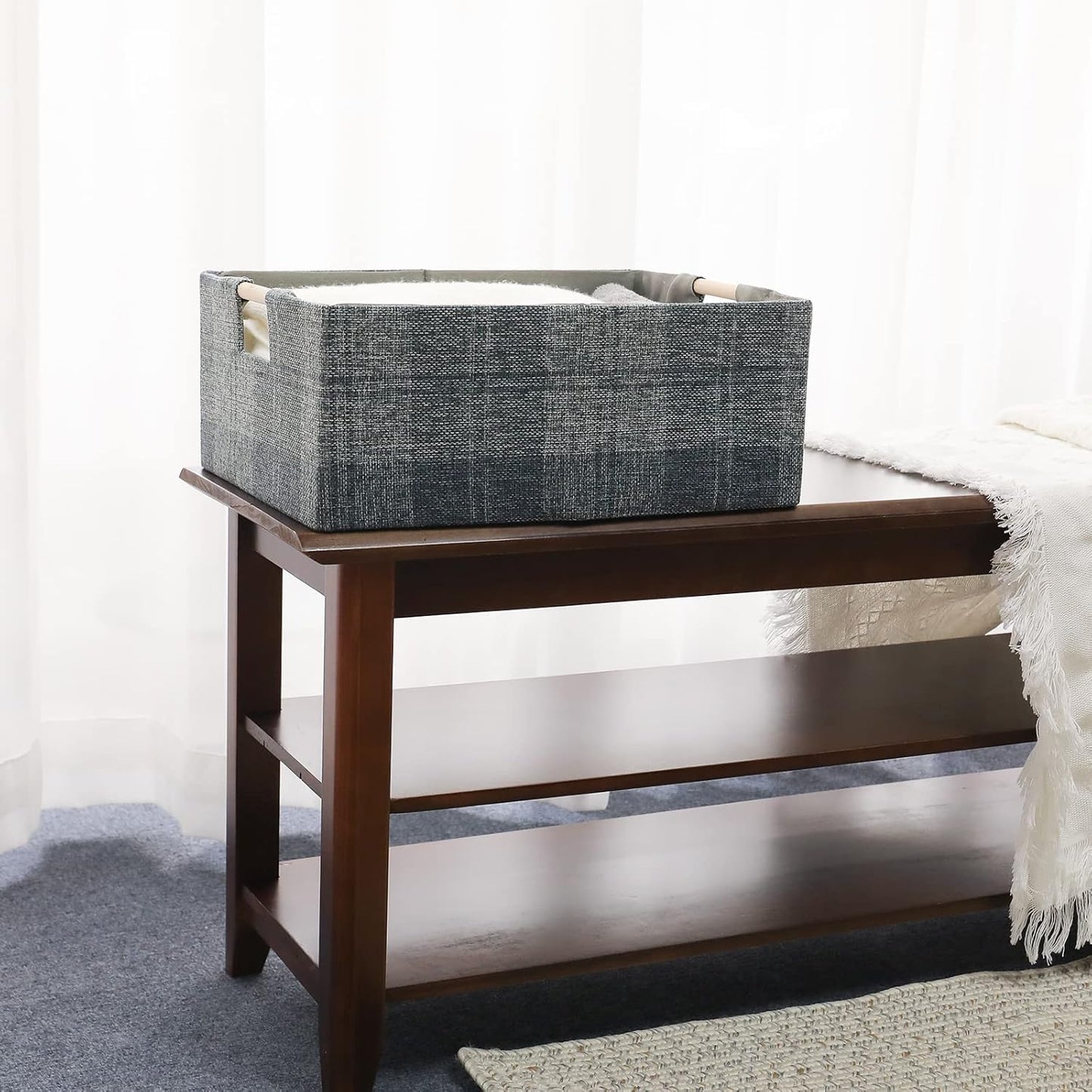 Fabric Storage Bin Box, Collapsible Cotton Linen Cube with Wooden Handles - Decorative Organizer for Clothes and