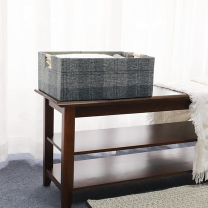 Fabric Storage Bin Box, Collapsible Cotton Linen Cube with Wooden Handles - Decorative Organizer for Clothes and