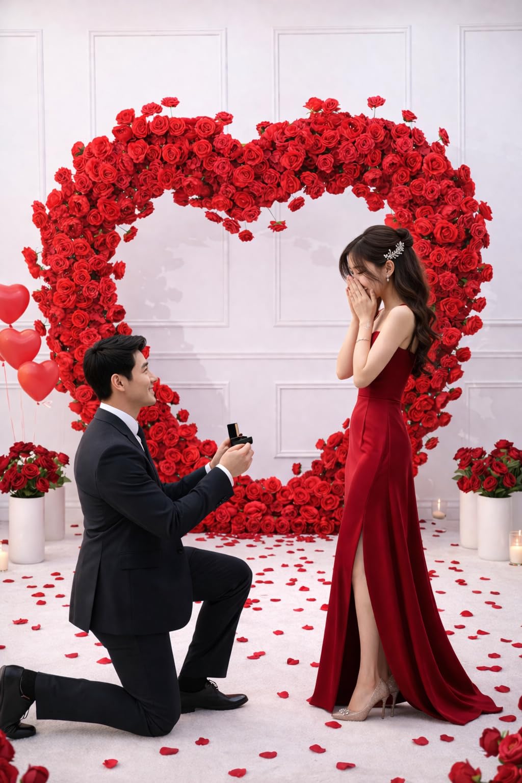 Red Artificial Floral Heart-Shaped Rose Arch Backdrop, Suitable for proposals, Anniversaries, Parties and Event Decorations (Stand not Included).
