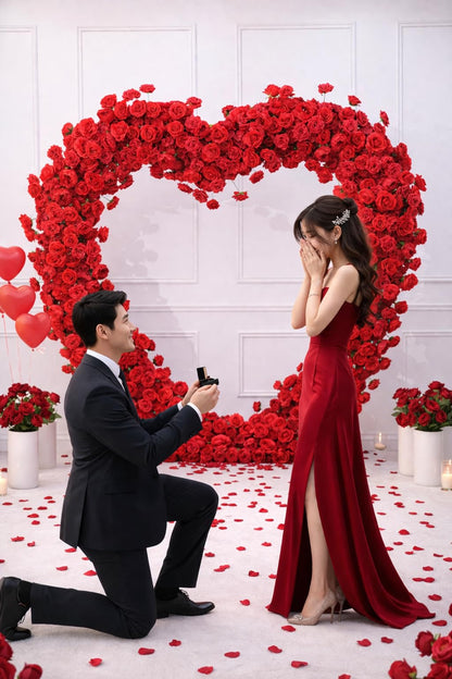 Red Artificial Floral Heart-Shaped Rose Arch Backdrop, Suitable for proposals, Anniversaries, Parties and Event Decorations (Stand not Included).