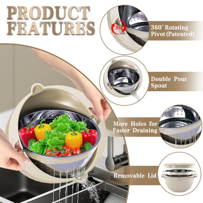 4-1 Colander with Bowl Set - Rotatable Colander for Kitchen (Patented), Upgraded Graters Food Strainers for Pasta Fruits and Vegetables, Funny Presents for Women, Aesthetic Kitchen Gadget - Beige