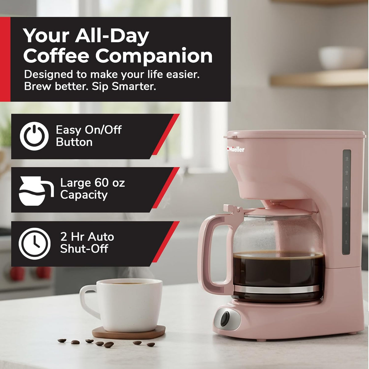 12-Cup MUELLER HOME Pink Coffee Maker - Borosilicate Carafe, Auto-Off, Pink Kitchen Accessories, Reusable Filter