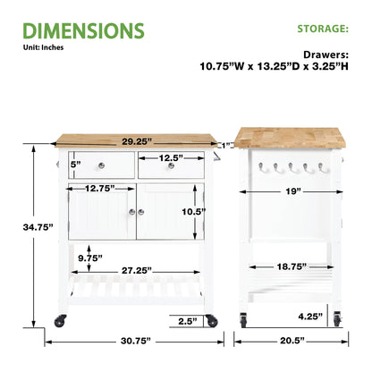 OSP Home Furnishings Stirling Farmhouse Kitchen Cart, Rolling Storage Cabinet with Drawers, Shelf, 5 Utility Hooks, White with Wood Top