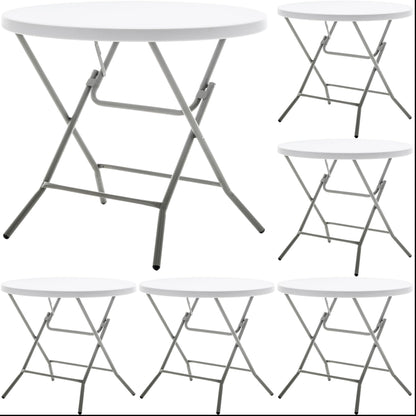 BTEXPERT Set of 5, White 2.63 Foot Round Plastic Folding 30" Height Commercial Portable for Banquet Card Plastic Coffee Dining Wedding Party Event Home Kitchen Indoor Outdoor Thick Top Metal Frame