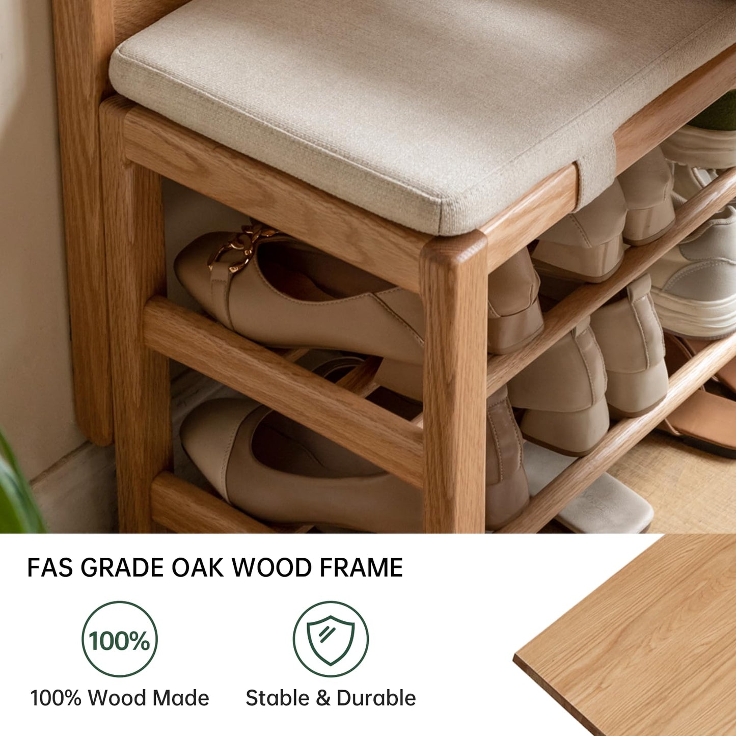 Vadisun Oak Coat Rack, Solid Wood Hall Tree with Shoe Bench, 2-Tier Shoe Rack with 7 Hooks for Entryway, Hallway, 13.8" x 31.5" x 72.8", Natural