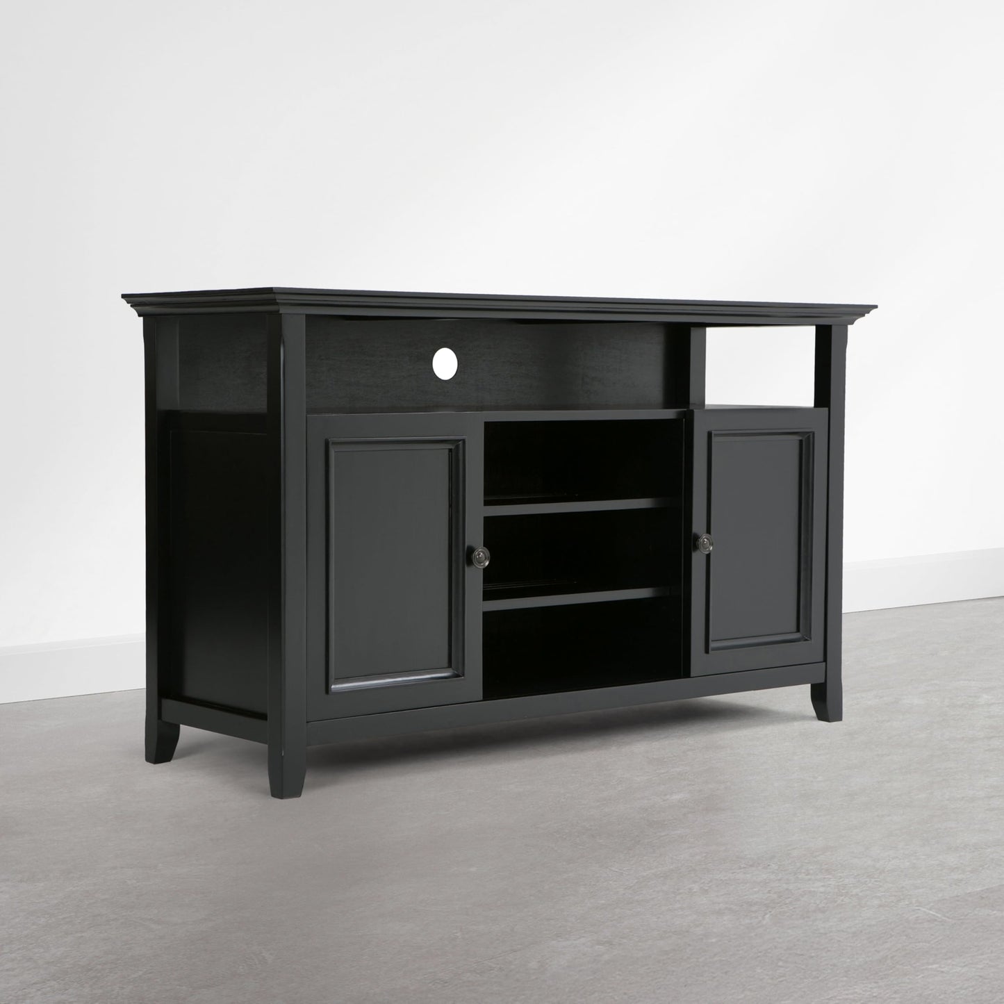 SIMPLIHOME Amherst TV Stand - 54 inch Wide Solid Wood Media Console in Deep Black, Transitional Entertainment Center for Living Room for TVs up to 60 Inches with Shelves and Cable Management