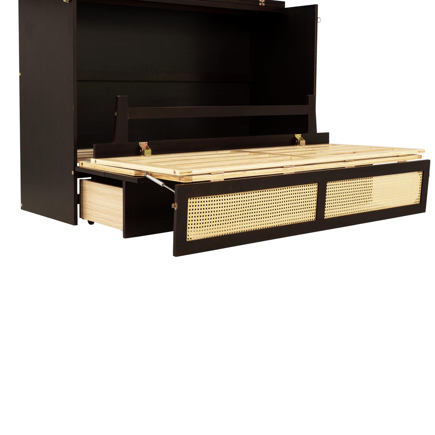 Ball & Cast Hideaway Cabinet Bed Queen Size,Wood Rattan Murphy Bedframe with Storage Drawer,Wall Platform can be Folded up,Space-Efficient Design,for Apartment,Bedroom,Espresso