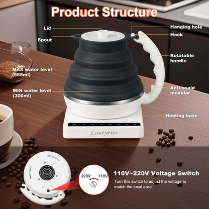 Ultrathin Food Grade Silicone Travel Foldable Electric Kettle Variable Temperature Control with Dual Voltage, Auto Shutoff & Boil Dry Protection & Keep Warm, 555ML 110-220V US Plug (Black)