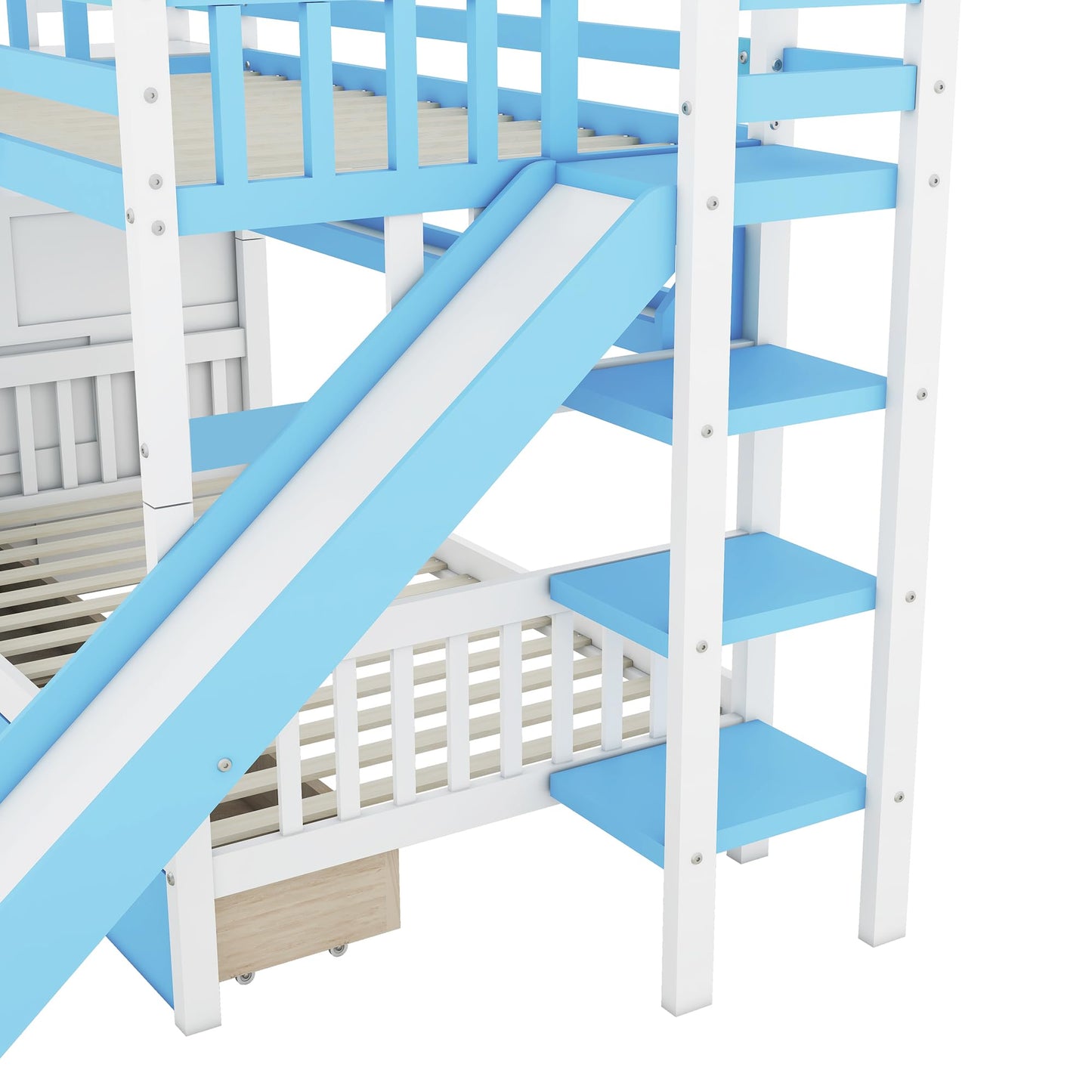 Twin-Over-Twin Bunk Beds Castle Style Bunk Bed with 2 Drawers 3 Shelves and Slide - Blue