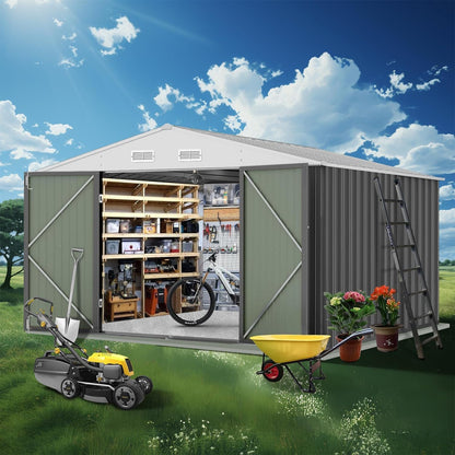 12x10 FT Outdoor Storage Shed, Large Metal Garden Storage Shed with Sloped Roof, Lockable Door, Durable Steel Tool Shed for Lawn Equipment, Backyard, Patio, Yard Organizer, Grey