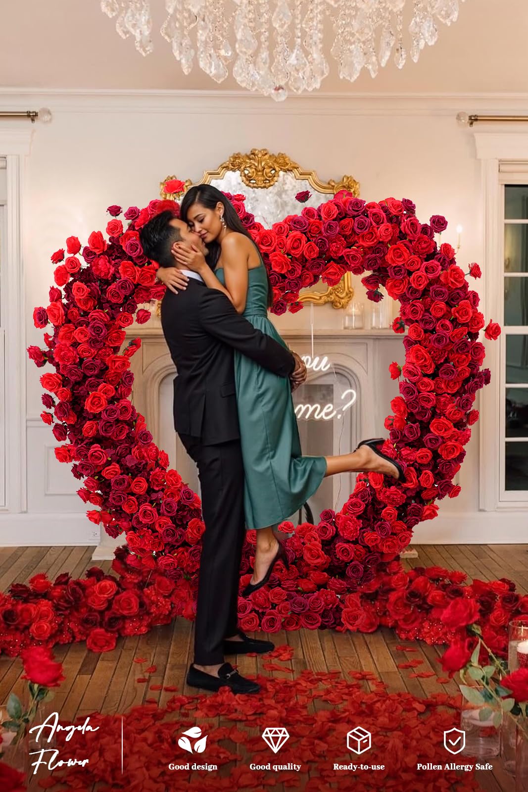 Fabric Cloth Base Artificial Flower Arrangement Decorative Heart Shaped Wedding Arch Backdrop Marriage Proposal Outdoor Party Event Decoration (Dark Red & Red Flowers no Arch)