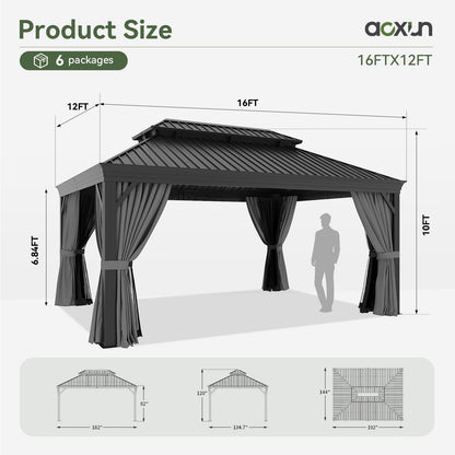 Aoxun 12' X 16' Hardtop Gazebo with Drainage System, Aluminum Outdoor Gazebo with Galvanized Steel Double Roof, Patio Permanent Metal Pavilion with Netting, for Garden, Deckyard, Grey