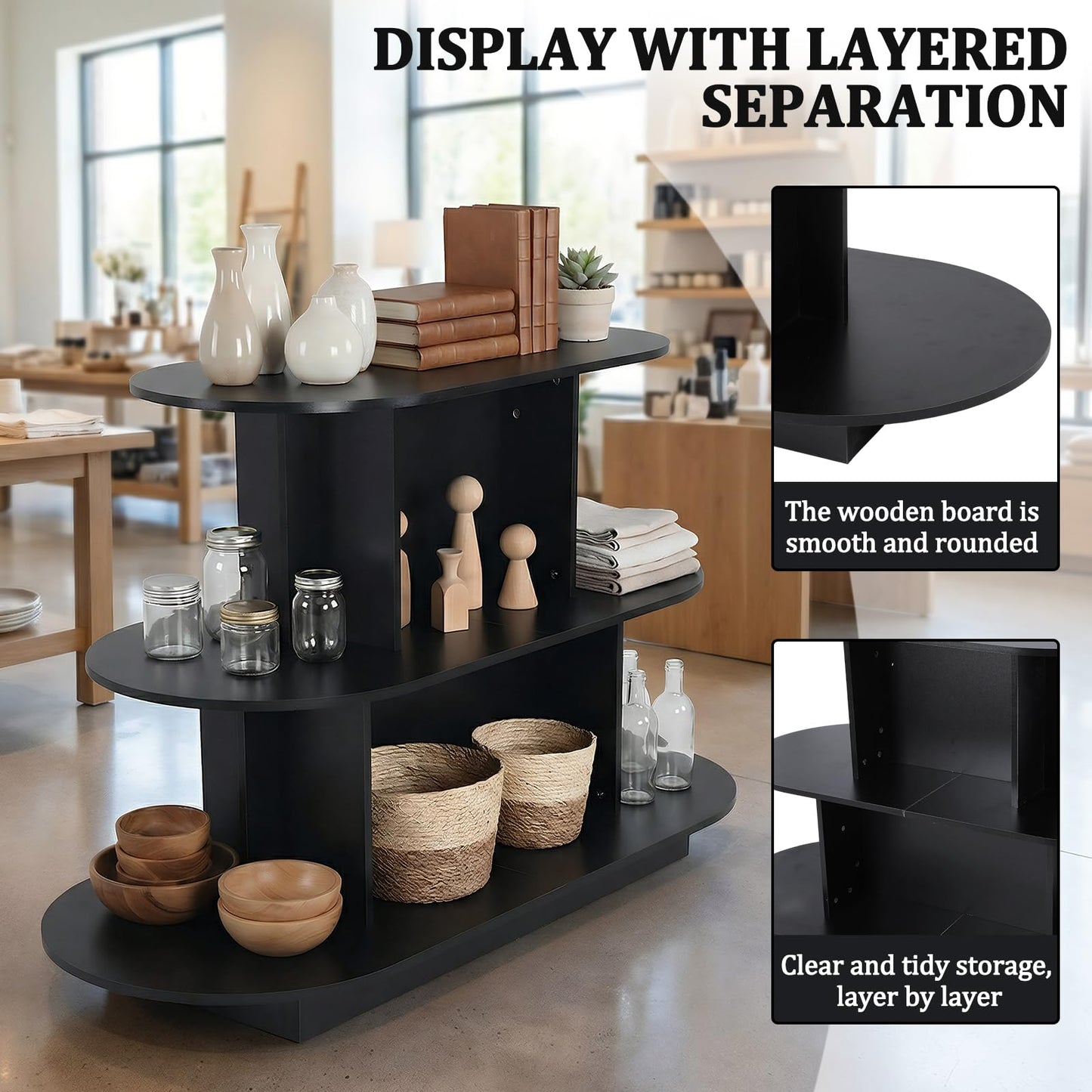 3 Tier Wooden Oval Display Table Modern Standing Display Riser Shelf Retail Table for Stores Vendor Events 55in W x 23.6in D x 35in H