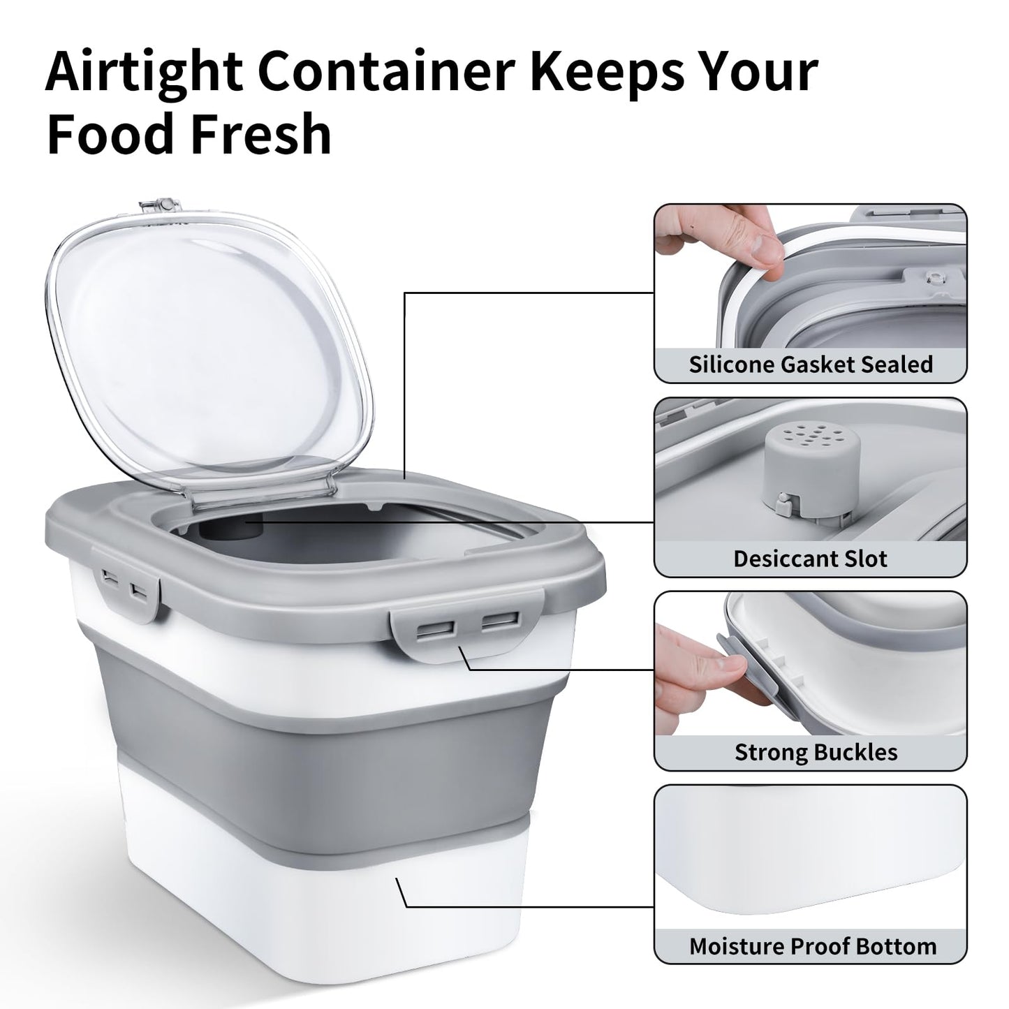 Komzon Rice Storage Container, Collapsible Airtight Food Storage Containers 6-20 Lbs, Rice Dispenser with Measuring Cup and Small Bin for Flour Cereal Pasta Grain, Cat Pet Dog Bird Food Container