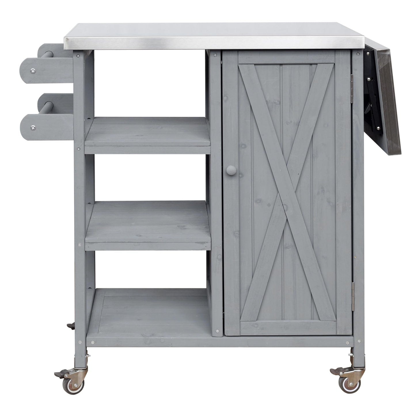 Foldable Outdoor Kitchen Island Cart with Stainless Steel Top, Rolling Grill Table with Storage Cabinet Shelves and Double Towel Rack, Wooden BBQ Prep Station with Lockable Wheels for Patio, Grey