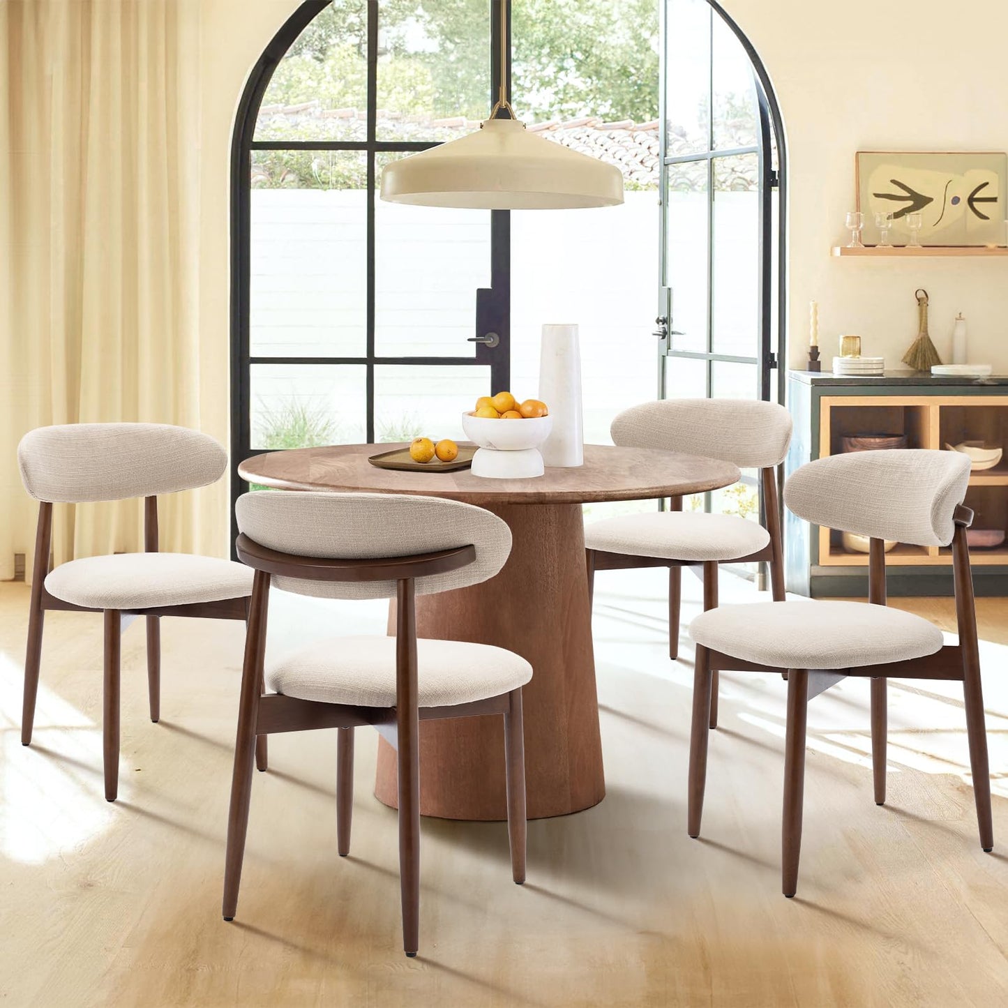 COLAMY Wooden Dining Chairs Set of 6, Modern Fabric Upholstered Dining Room Chair, Farmhouse Kitchen Side Chairs with Foot Pegs, Beige