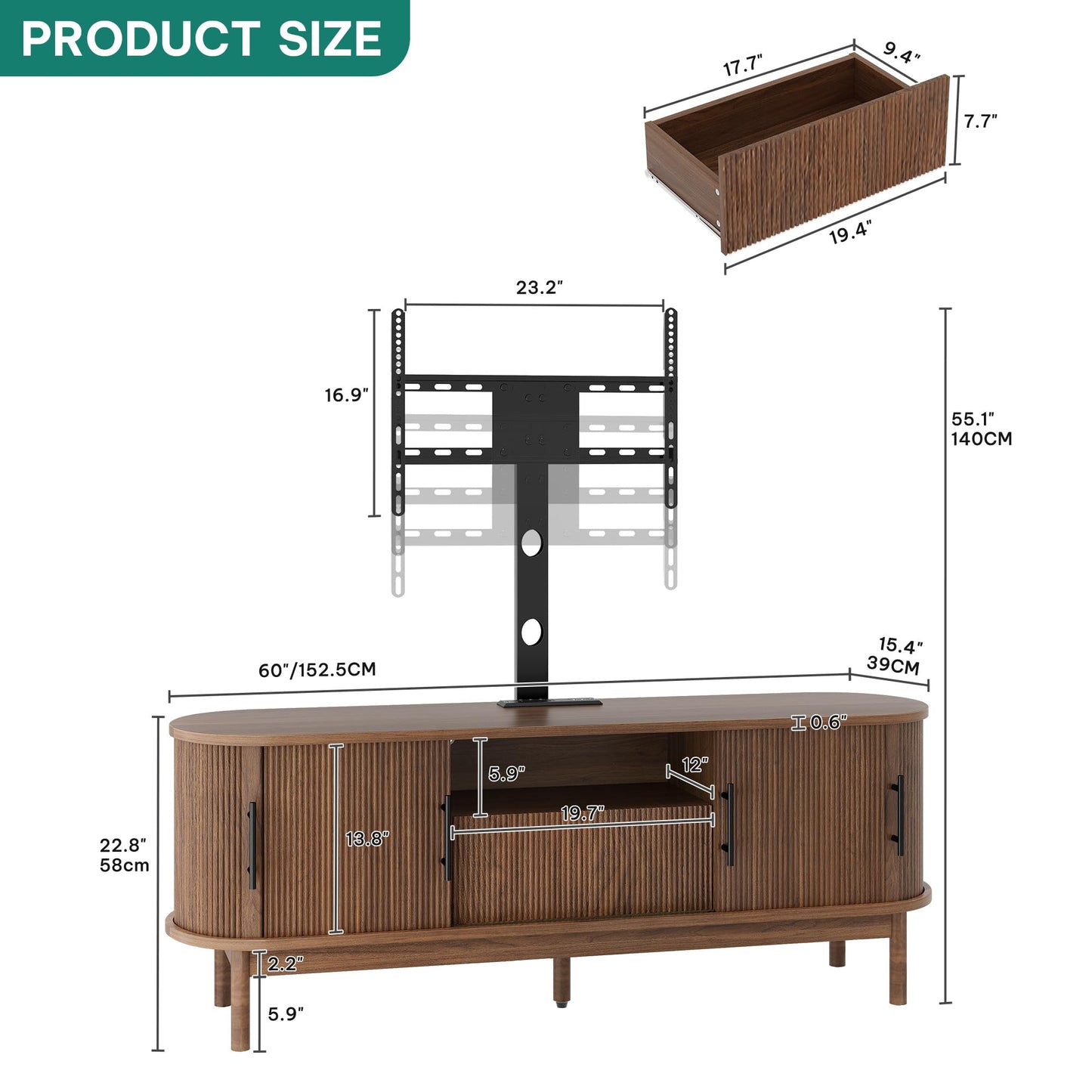 YITAHOME TV Stand with Mount and Power Outlet, Modern Entertainment Center with 3 Height Adjustment TV Mount for 32-70 inch TVs, LED Fluted TV Media Console with Sliding Doors, Curved Profile Design