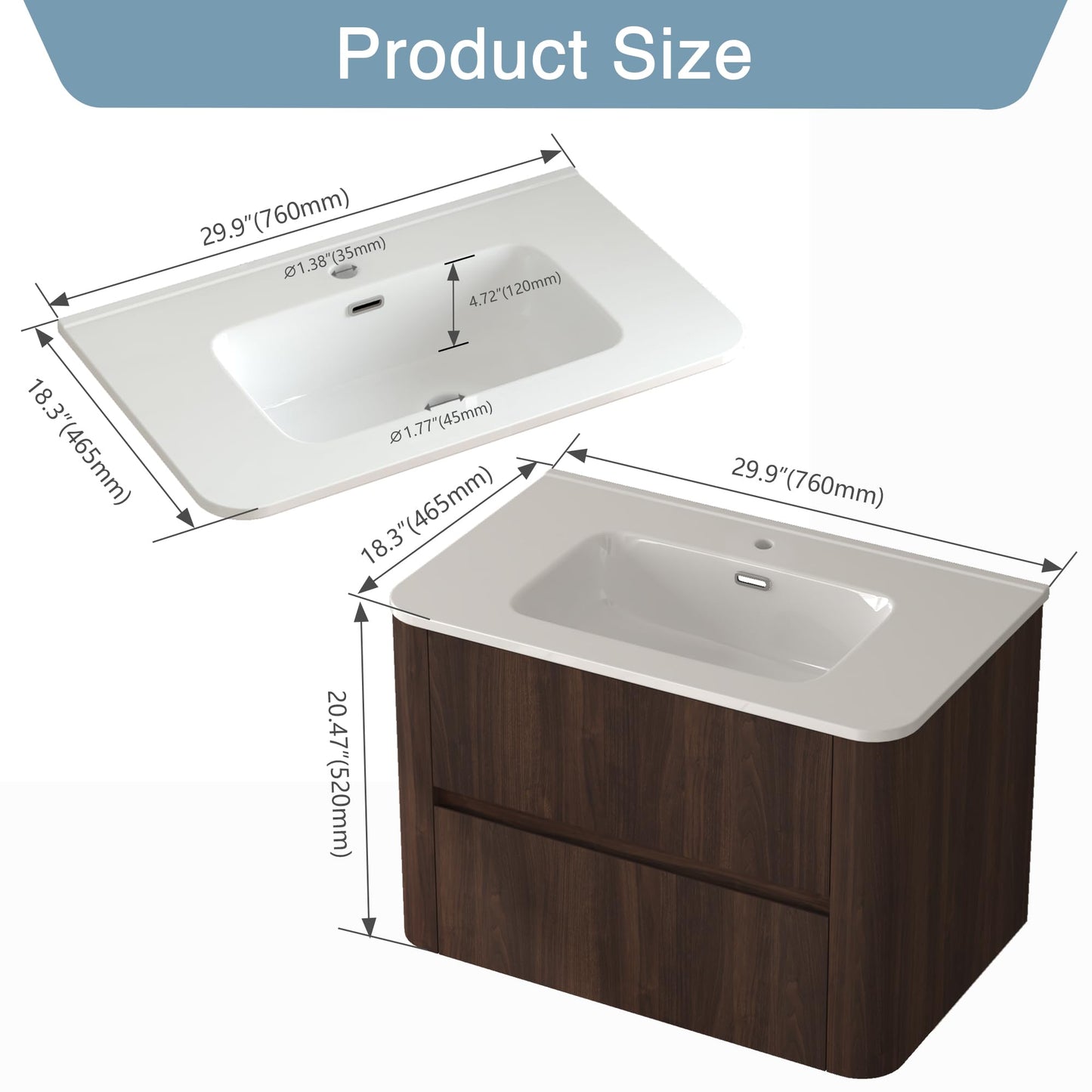 GDFStudio 30" Wall Mounted Bathroom Vanity with Sink,Floating MDF Cabinet with Soft-Close Double Drawers,Vanity with White Ceramic Integrated Basin, Modern Space-Saving Bathroom Storage,Dark Walnut