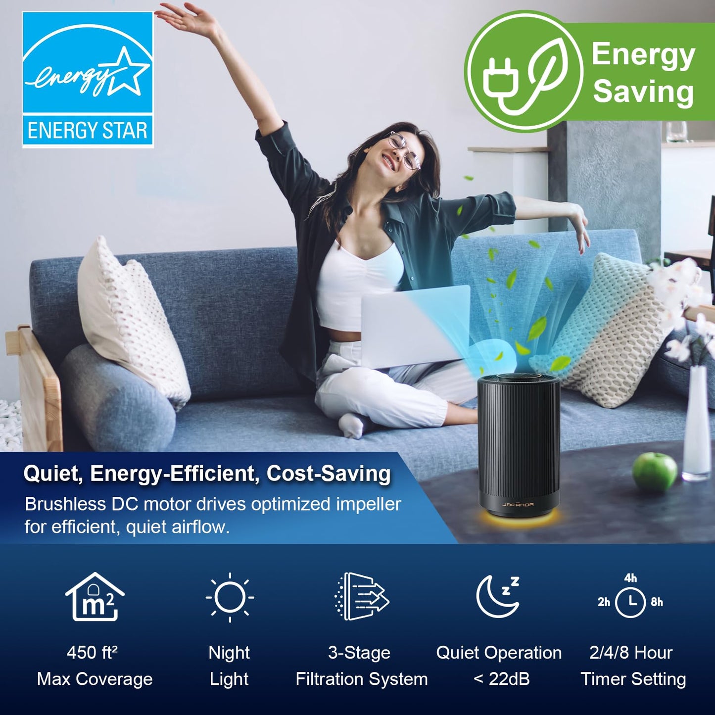 Jafanda Air Purifiers for Home Bedroom Coverage 450 sqft, 23 dB Air Cleaner with Brushless Motor, Effectively Remove Pollen Dust and Odor to Prevent Seasonal Air Diseases, Night Light